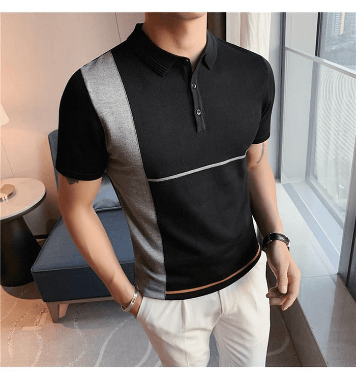New Color-Blocking Striped Slim Stretch Knit Short-Sleeved T-Shirt