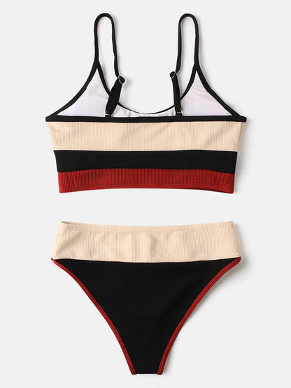 Women Stripe Patchwork High Waist Bikini Backless Beachwear