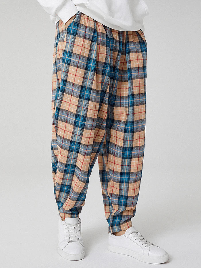 Men's Tartan Elastic Waist Drawstring Magic Straps Cuff Jogger Pants with Pocket