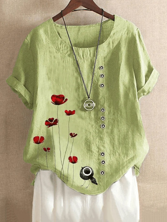 Women Vintage Red Flower Print Button Casual Loose T-Shirts