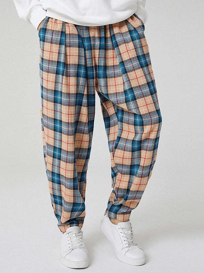 Men's Tartan Elastic Waist Drawstring Magic Straps Cuff Jogger Pants with Pocket