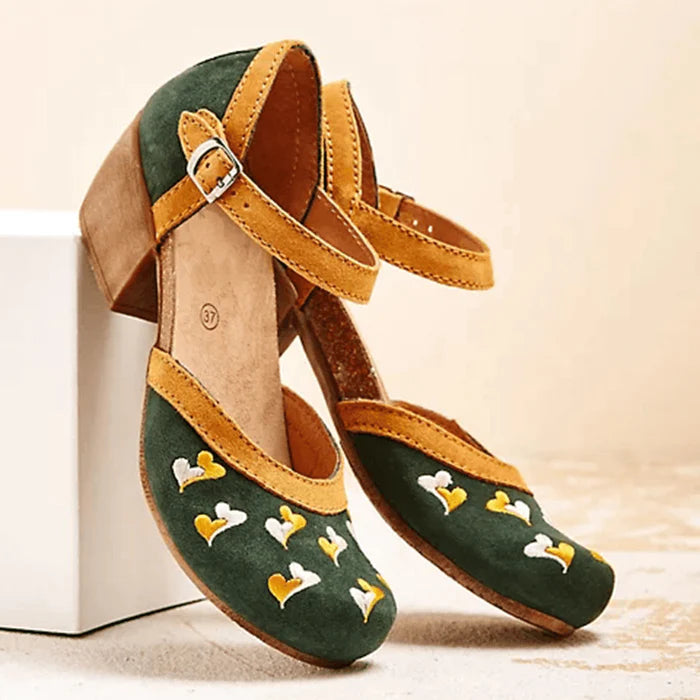 Women Embroidery round Toe Ankle Strap Comfy Casual Heels Pumps