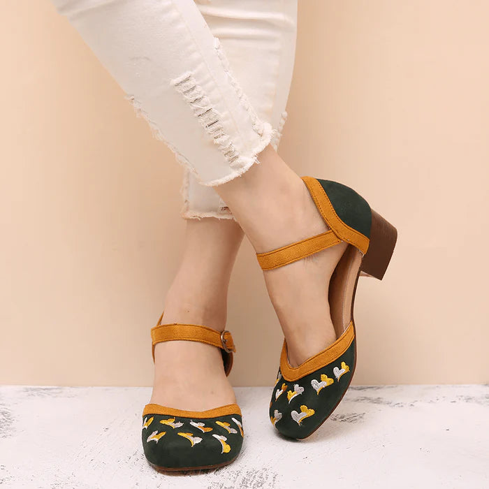 Women Embroidery round Toe Ankle Strap Comfy Casual Heels Pumps