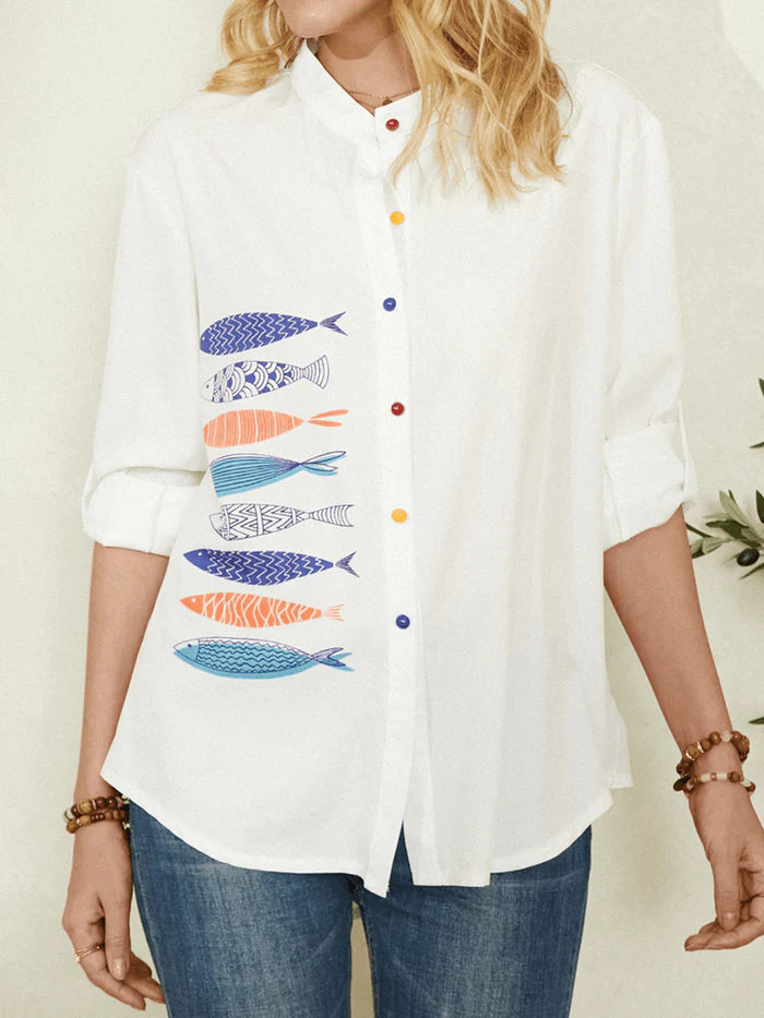 Fish Print Colorful Button Stand Collar Casual Long Sleeve Shirts for Women